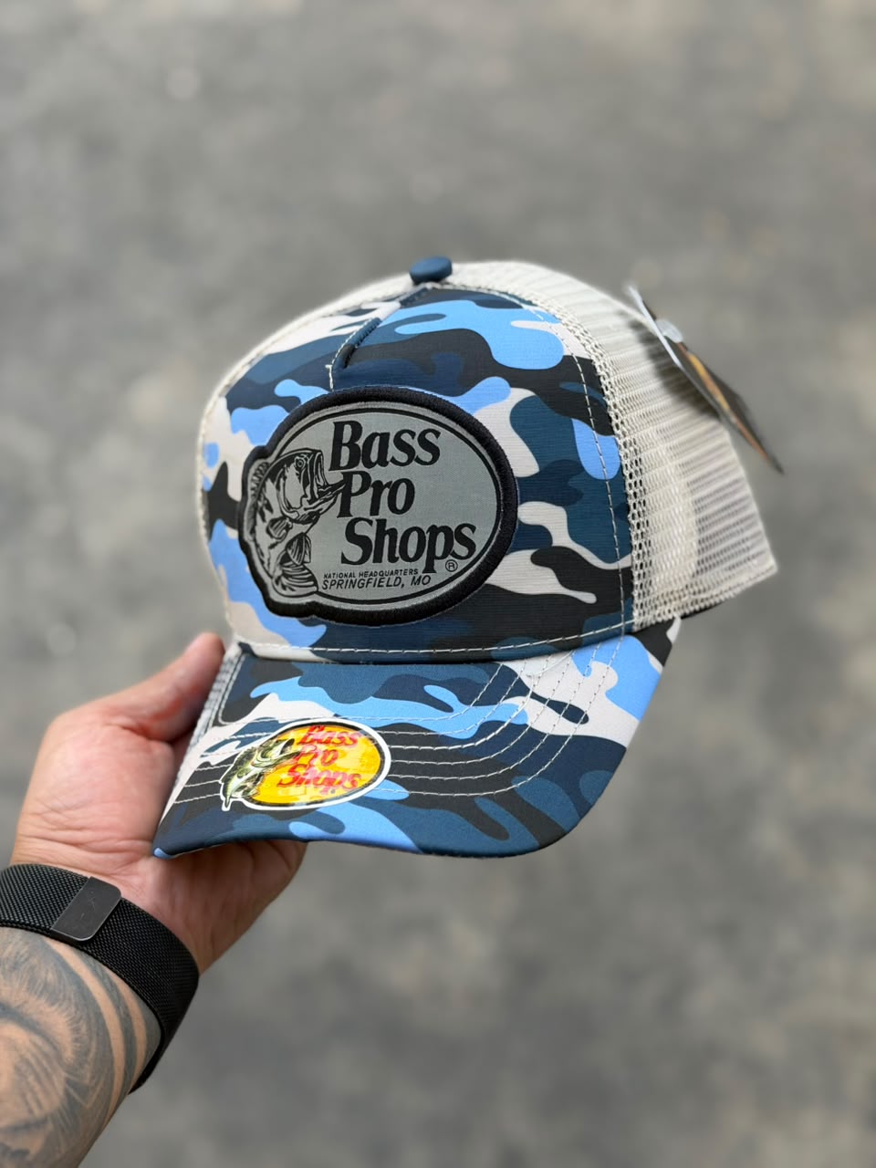 Gorra Bass Pro Shop Camuflaje Azul Malla Blanca